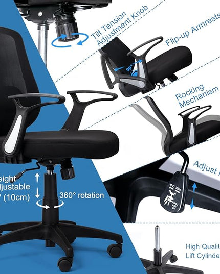 KOLLIEE Mid Back Mesh Office Chair Ergonomic Swivel Black Desk Office Chair Flip Up Armrests with Lumbar Support Adjustable Height Computer Task Chairs - LeafyLoom