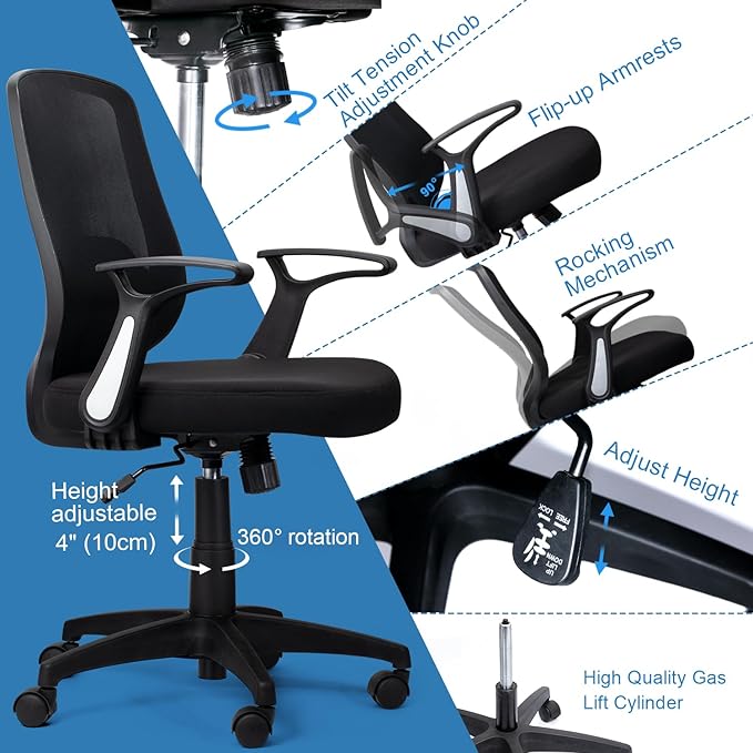 KOLLIEE Mid Back Mesh Office Chair Ergonomic Swivel Black Desk Office Chair Flip Up Armrests with Lumbar Support Adjustable Height Computer Task Chairs - LeafyLoom