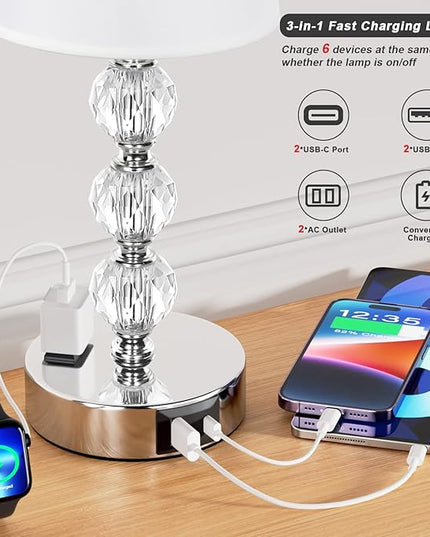 Bedside Lamps for Bedrooms Set of 2 - Crystal Nightstand Bedroom Lamp with Two USB Charging Port, 3 Way Dimmable Touch Small Bed Side Table Lamp, Silver Night Stand Light for Living/Guest/Dinning Room - LeafyLoom