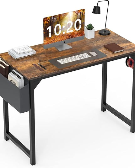 Computer Desk Small Office Desk 40 Inch Writing Desks Small Space Desk Study Table Modern Simple Style Work Table with Storage Bag Headphone Hook Wooden Tabletop Metal Frame for Home, Bedroom - LeafyLoom