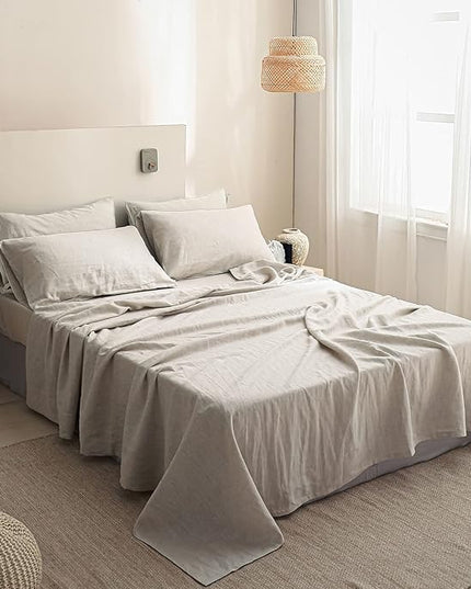 Simple&Opulence 100% Linen Sheet Set Solid Color- 6 Pcs Washed French Flax Bed Sheets (1 Flat Sheet, 1 Fitted Sheet, 4 Pillowcases) - Breathable Home Collection (Basic Linen, King) - LeafyLoom