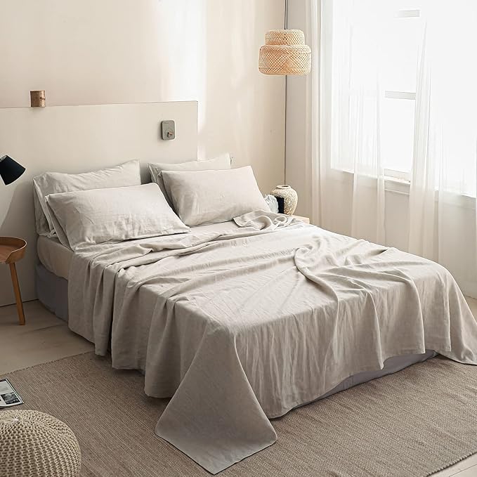 Simple&Opulence 100% Linen Sheet Set Solid Color- 6 Pcs Washed French Flax Bed Sheets (1 Flat Sheet, 1 Fitted Sheet, 4 Pillowcases) - Breathable Home Collection (Basic Linen, King) - LeafyLoom