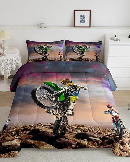 Dirt Bike Comforter Set for Boys Bedroom Motocross Rider Extreme Sports Duvet Insert Mountain Bike Bedding Quilted Set Kids Motorcycle Motorbike Down Comforter,Soft Lightweight for All Season,Queen - LeafyLoom