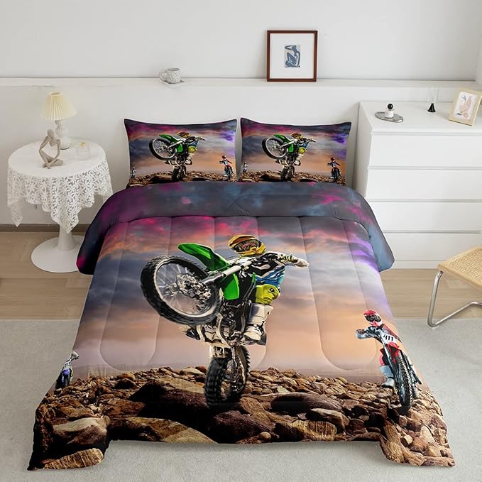 Dirt Bike Comforter Set for Boys Bedroom Motocross Rider Extreme Sports Duvet Insert Mountain Bike Bedding Quilted Set Kids Motorcycle Motorbike Down Comforter,Soft Lightweight for All Season,Queen - LeafyLoom