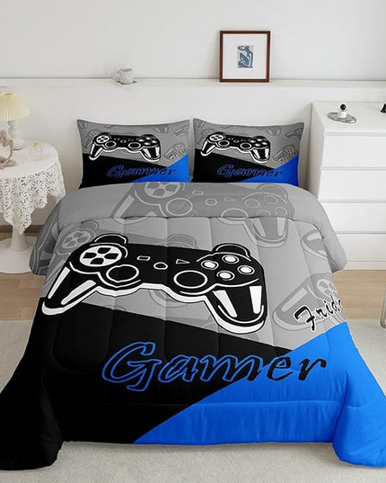 Feelyou Gaming Comforter for Boys Teen Video Game Bedding Set for Kids Gamer Comforter for All Season Gamepad Home Decor for Comforter Set Queen Size,1 Comforter with 2 Pillowcases Blue Black Grey - LeafyLoom