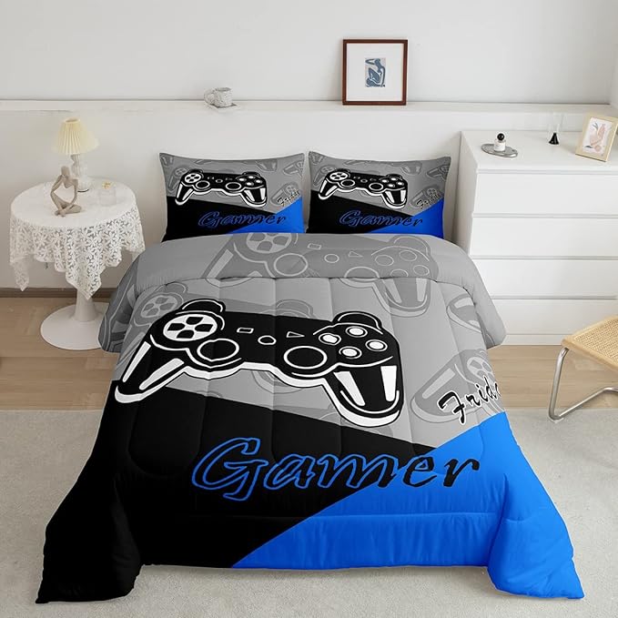 Feelyou Gaming Comforter for Boys Teen Video Game Bedding Set for Kids Gamer Comforter for All Season Gamepad Home Decor for Comforter Set Queen Size,1 Comforter with 2 Pillowcases Blue Black Grey - LeafyLoom