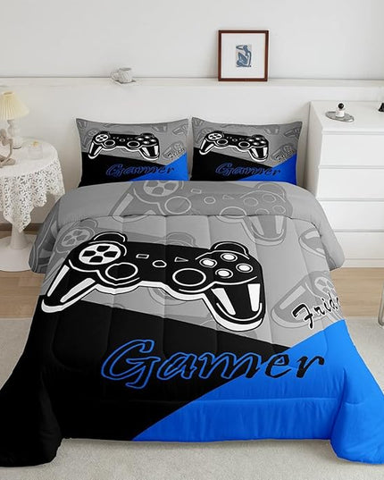 Feelyou Gaming Comforter for Boys Teen Video Game Bedding Set for Kids Gamer Comforter for All Season Gamepad Home Decor for Comforter Set Full Size,1 Comforter with 2 Pillowcases Blue Black Grey - LeafyLoom