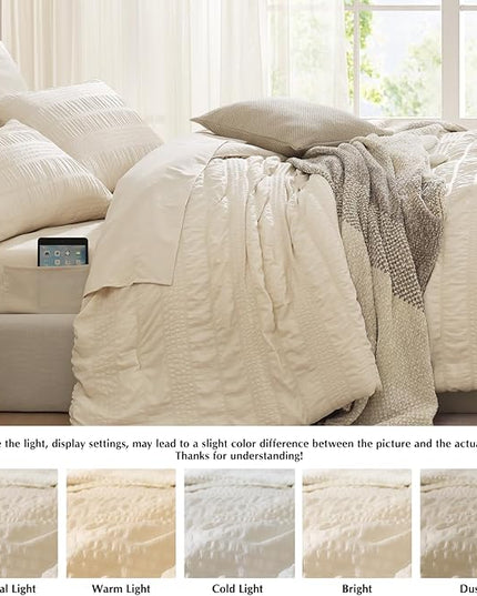 CASAAGUSTO Queen Comforter Set, 7 Pieces Beige Seersucker Bed in a Bag Queen Size Soft All Seasons, Bedding Sets with Comforter, Flat Sheet, Fitted Sheet, 2 Pillow Shams, 2 Pillowcases - LeafyLoom