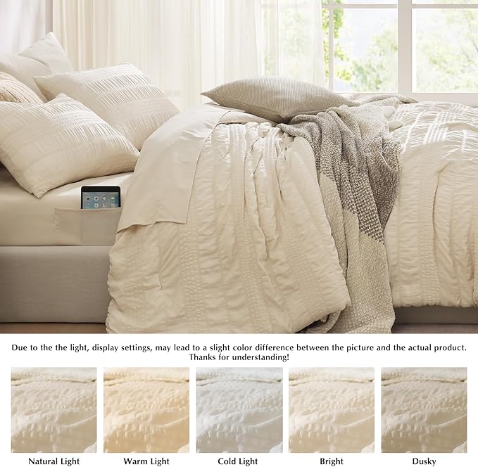 CASAAGUSTO Queen Comforter Set, 7 Pieces Beige Seersucker Bed in a Bag Queen Size Soft All Seasons, Bedding Sets with Comforter, Flat Sheet, Fitted Sheet, 2 Pillow Shams, 2 Pillowcases - LeafyLoom