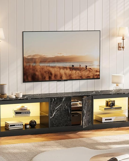 Bestier 80 Inch TV Stand for 65/75/85 inch TVs, Modern LED Entertainment Center with Storage Cabinet, Adjustable Glass Shelves ＆ Cable Management, Gaming TV Console Table for Living Room, Black Marble - LeafyLoom