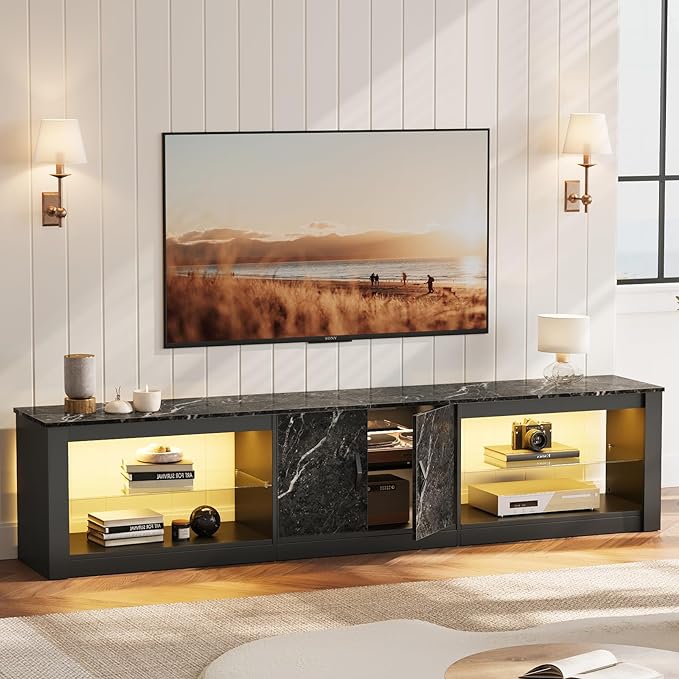 Bestier 80 Inch TV Stand for 65/75/85 inch TVs, Modern LED Entertainment Center with Storage Cabinet, Adjustable Glass Shelves ＆ Cable Management, Gaming TV Console Table for Living Room, Black Marble - LeafyLoom