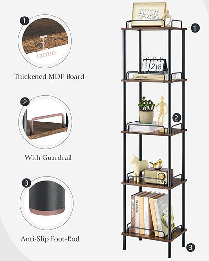 5-Tier Tall Bookshelf, Narrow Bookcase with guardrail, Freestanding Storage Stand Display Rack for Living Room, Bedroom, Home Office, Rustic Brown and Black - LeafyLoom