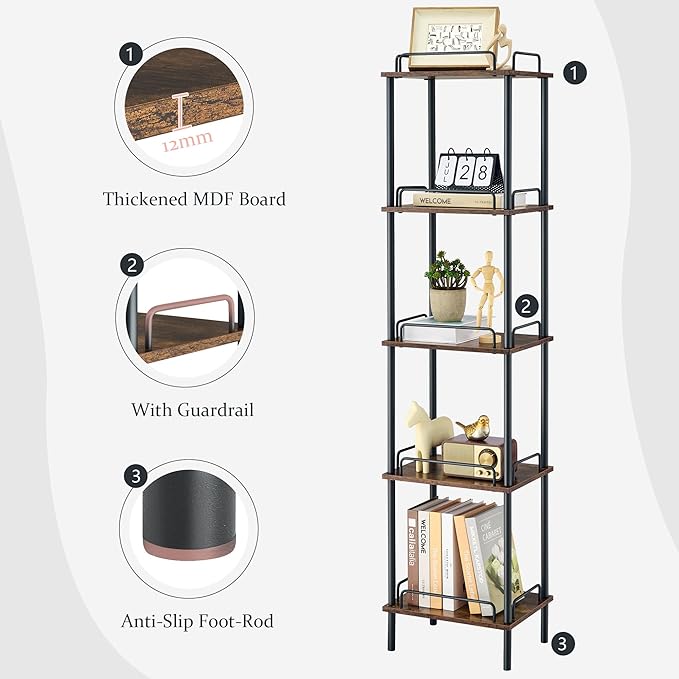 5-Tier Tall Bookshelf, Narrow Bookcase with guardrail, Freestanding Storage Stand Display Rack for Living Room, Bedroom, Home Office, Rustic Brown and Black - LeafyLoom