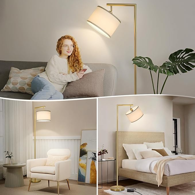 Boncoo Gold Floor Lamp, Montage Modern Standing Lamp with Flexible Lamp Head, Dimmable Floor Lamp for Living Room Tall Over Couch Reading Light for Bedroom, Office, 9W LED Bulb Included - LeafyLoom
