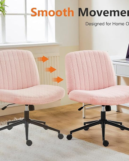 Sweetcrispy Criss Cross Office Chair with Wheels, Wide Armless Home Office Desk Chair with Dual-Purpose Base, Swivel Adjustable Teddy Fabric Task Vanity Computer Chair, Teddy Pink - LeafyLoom