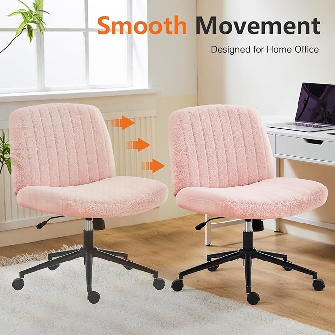 Sweetcrispy Criss Cross Office Chair with Wheels, Wide Armless Home Office Desk Chair with Dual-Purpose Base, Swivel Adjustable Teddy Fabric Task Vanity Computer Chair, Teddy Pink - LeafyLoom