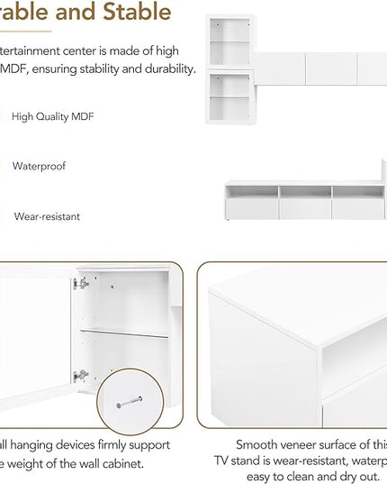 Merax High Gloss TV Stand with Wall Mounted Floating Storage Cabinets, Media Console for Television Up to 75" Versatile Entertainment Center, for Living Room, 93 inch Length, White - LeafyLoom