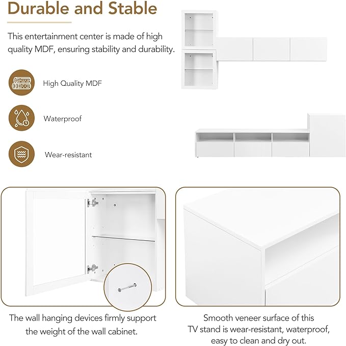 Merax High Gloss TV Stand with Wall Mounted Floating Storage Cabinets, Media Console for Television Up to 75" Versatile Entertainment Center, for Living Room, 93 inch Length, White - LeafyLoom