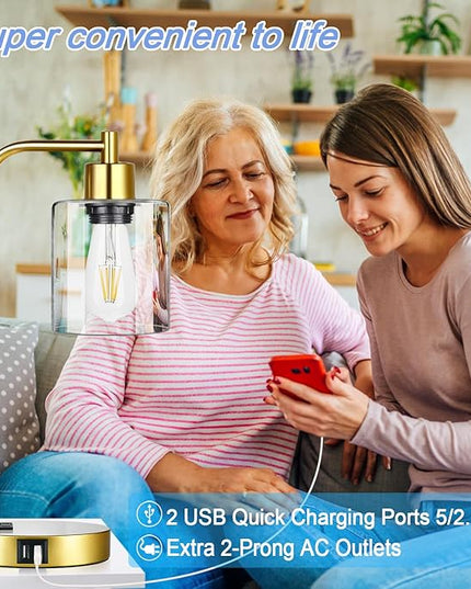 Industrial Touch Control Table Lamps Set of 2 - Gold Nightstand Bedside Lamps with 2 USB Ports & AC Outlet, 3-Way Dimmable Desk Lamp for Bedroom Living Room, Glass Shade & 2 LED Bulbs Included - LeafyLoom