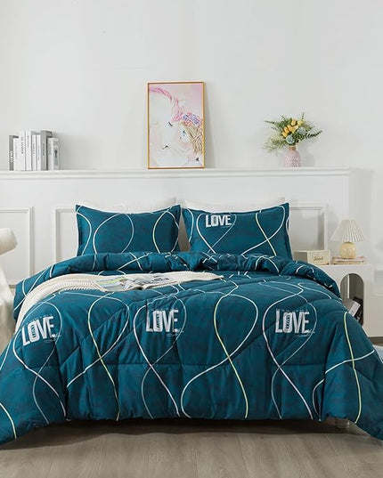 Blue Green Comforter Set Twin Size, 2 Pieces Modern Lines Pattern with Love, Soft Microfiber Bedding Comforter Set, Down Alternative Comforters for All Season (68 * 90’’) - LeafyLoom