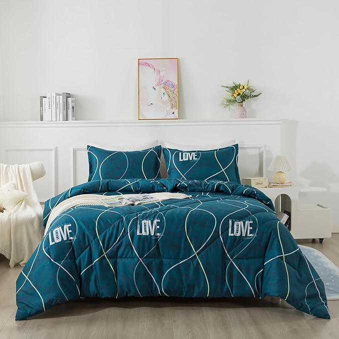 Blue Green Comforter Set King Size, 3 Pieces Modern Lines Pattern with Love, Soft Microfiber Bedding Comforter Set, Down Alternative Comforters for All Season (104 * 90’’) - LeafyLoom