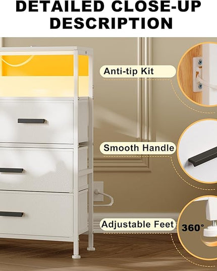 Dresser TV Stand with 7 Drawers, Dresser TV Stand with LED Lights & Power Outlets, Bedroom Dresser, Chest of Drawers up to 45'' Long TV, Wide Fabric Dresser with Open Shelf (White) - LeafyLoom
