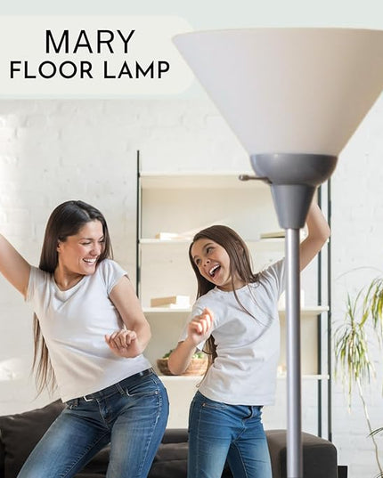Stand Up Floor Lamp in Silver - Stylish and Functional Torchiere with Opal White Cone Shade, 70-Inch Tall Lamp Ideal for Living Rooms and Bedrooms - Contemporary Floor Lamps for Living Room - LeafyLoom