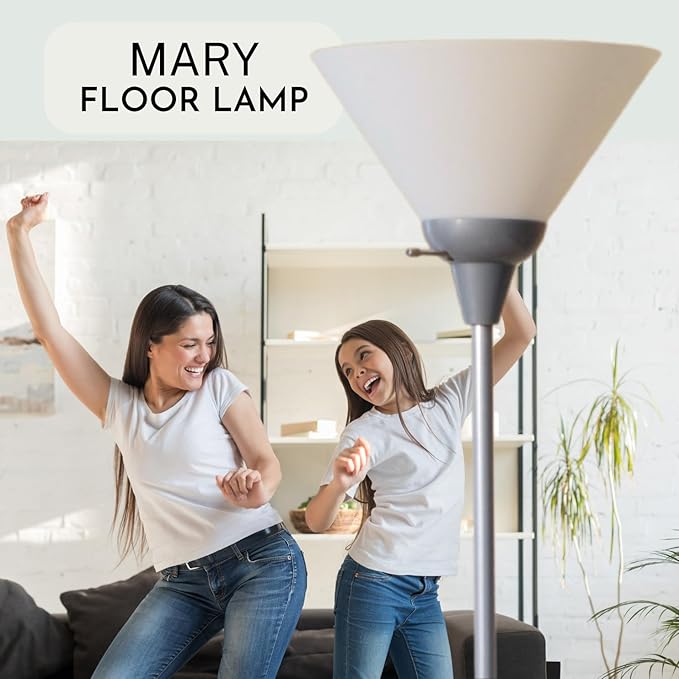 Stand Up Floor Lamp in Silver - Stylish and Functional Torchiere with Opal White Cone Shade, 70-Inch Tall Lamp Ideal for Living Rooms and Bedrooms - Contemporary Floor Lamps for Living Room - LeafyLoom
