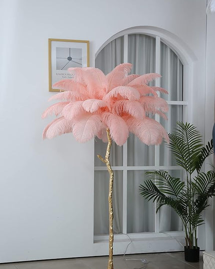 Luxury Resin Ostrich Feather Lamp, 35 Pieces real ostrich feathers,Feather Floor Lamp,Standing Lamp for Living Room, Bedroom and Office 67” Tall Feather Lamp (Pink) - LeafyLoom