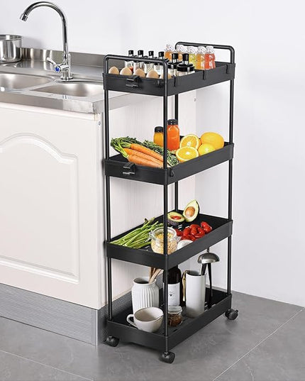AROGAN Rolling Storage Cart with Wheels, 4 Tier Bathroom Storage Cart Laundry Room Organizer, Rolling Utility Cart for Kitchen, Bathroom, Laundry Room, Office, Narrow Place (Black) - LeafyLoom
