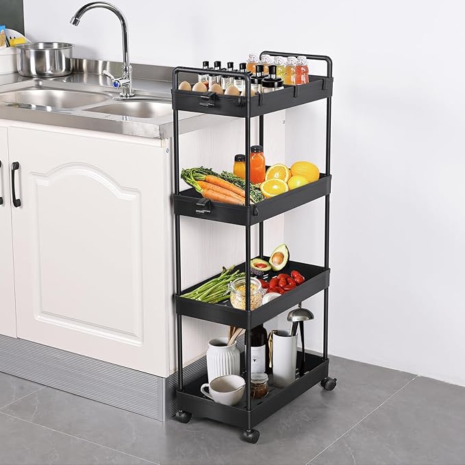 AROGAN Rolling Storage Cart with Wheels, 4 Tier Bathroom Storage Cart Laundry Room Organizer, Rolling Utility Cart for Kitchen, Bathroom, Laundry Room, Office, Narrow Place (Black) - LeafyLoom
