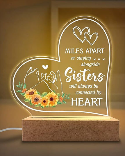 Acrylic Night Light Gifts for Sister - Sisters Will Always be Connected by Hearts - Thoughtful Sister Gifts from Sister, Brother - Birthday Gifts for Sister from Brother, Sister - LeafyLoom