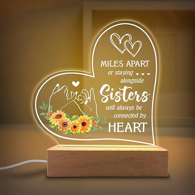 Acrylic Night Light Gifts for Sister - Sisters Will Always be Connected by Hearts - Thoughtful Sister Gifts from Sister, Brother - Birthday Gifts for Sister from Brother, Sister - LeafyLoom
