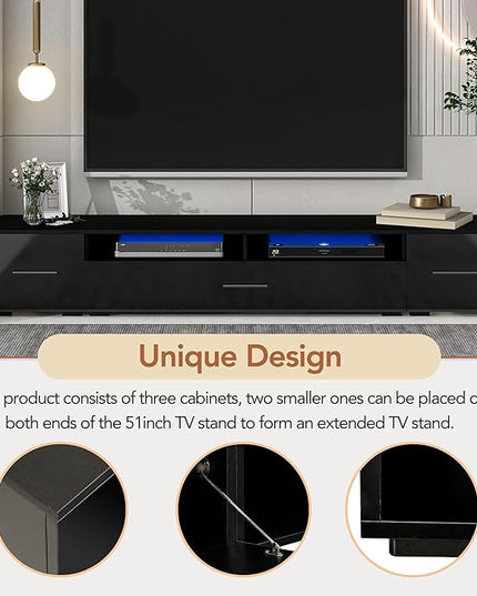 Merax Minimalist Style Extended LED TV Stand with Color Changing Lights, Modern Universal Entertainment Center High Gloss Cabinet for 90+ inch Televisions, 82.6 inch Length, Black - LeafyLoom
