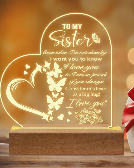 Sister Birthday Gifts from Sister, to My Sister Acrylic Engraved Night Light with Base, Graduation Wedding Birthday Christmas Gifts for Sister from Sister Brother - LeafyLoom