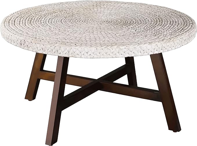 Round Coffee Table,RANDEFURN Seagrass Coffee Tables,Pine Wood X Base Frame Cocktail Table, Easy Assembled, Multiple Sizes for Living Room, Solid Wood Table,32 x 17 Inches,Whitewash - LeafyLoom