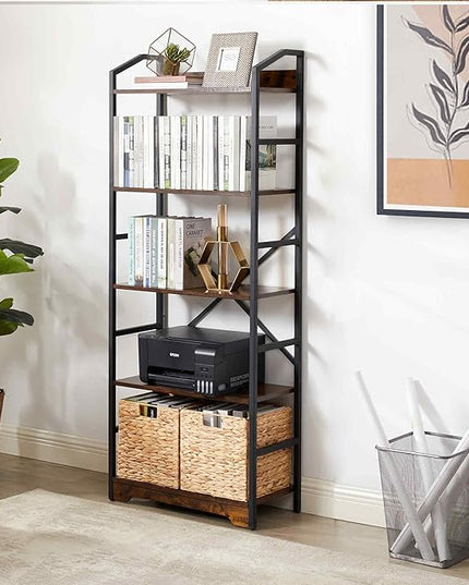 Vagusicc 5 Tier Bookshelf with 2 Storage Baskets, Tall Bookcase Shelf Storage Organizer Wood Book Shelf, Modern Shelf Rack Shelves with Steel Frame, Multipurpose Bookshelf for Bedroom Living Room - LeafyLoom