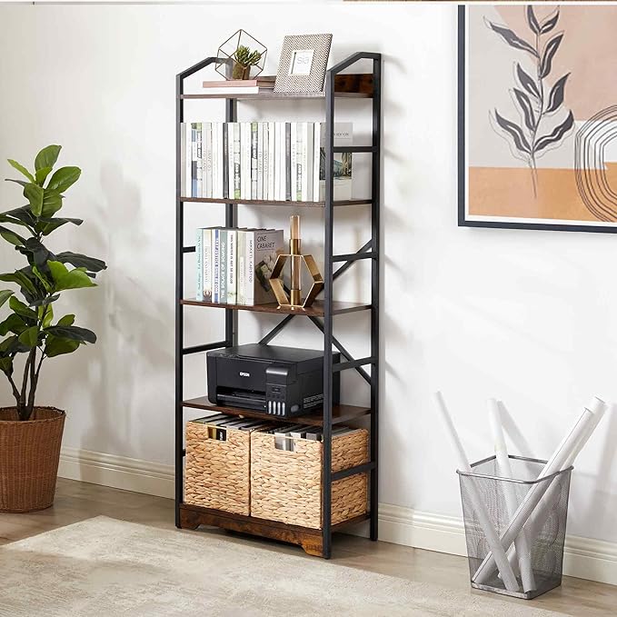 Vagusicc 5 Tier Bookshelf with 2 Storage Baskets, Tall Bookcase Shelf Storage Organizer Wood Book Shelf, Modern Shelf Rack Shelves with Steel Frame, Multipurpose Bookshelf for Bedroom Living Room - LeafyLoom
