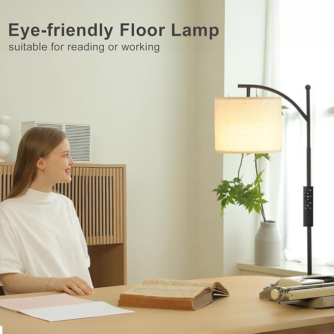 Ambimall Floor Lamp with Remote Control and Stepless Dimmable Bulb, Colors Temperature & Brightness Adjustable, Modern Floor Lamps for Living Room（Dark Beige Shade & Black Pole） - LeafyLoom