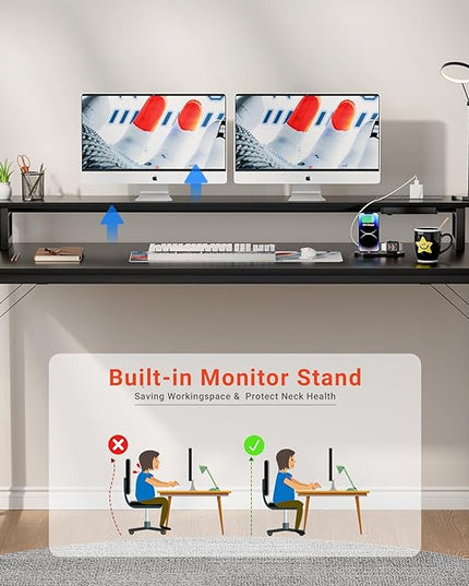 55 inch Computer Desk with Power Outlets, Office Desk Gaming desk with LED Lights, Home Office Desk with Monitor Shelf, Modern Work Desk Study Writing Table for Bedroom, Black - LeafyLoom