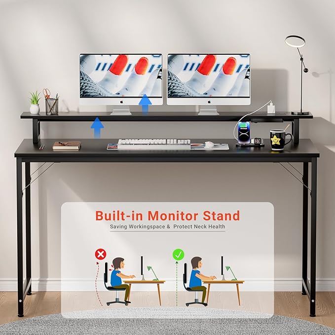 55 inch Computer Desk with Power Outlets, Office Desk Gaming desk with LED Lights, Home Office Desk with Monitor Shelf, Modern Work Desk Study Writing Table for Bedroom, Black - LeafyLoom