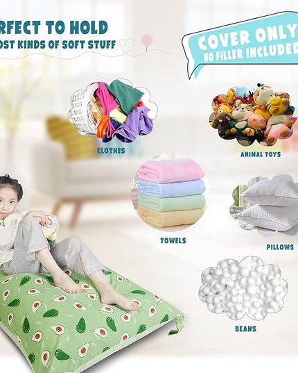 Stuffed Animal Storage Bean Bag Chair Cover, Cotton Green Avocado Plush Toy Storage Stuff and Sit Seat for Kids/Teens/Adults, 52" x 31" Extra Large Triangle Floor Sofa, 200L/52Gal, Cover Only - LeafyLoom