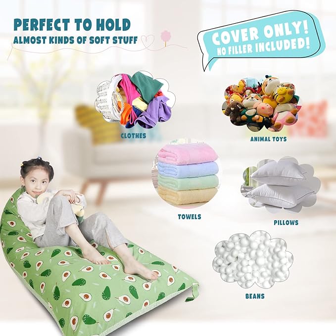 Stuffed Animal Storage Bean Bag Chair Cover, Cotton Green Avocado Plush Toy Storage Stuff and Sit Seat for Kids/Teens/Adults, 52" x 31" Extra Large Triangle Floor Sofa, 200L/52Gal, Cover Only - LeafyLoom