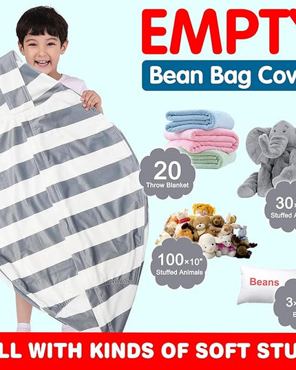 Lukeight Stuffed Animal Storage Bean Bag Chair Cover for Kids, Zipper Beanbag Chair Cover for Organizing Toddler & Kids' Rooms Plush Toys (Gray+white Velvet, XX-Large) - LeafyLoom