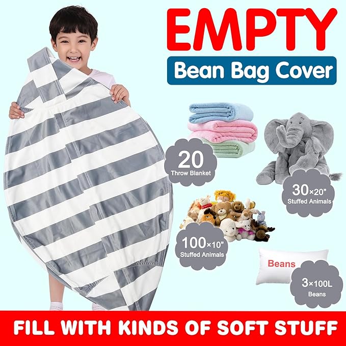 Lukeight Stuffed Animal Storage Bean Bag Chair Cover for Kids, Zipper Beanbag Chair Cover for Organizing Toddler & Kids' Rooms Plush Toys (Gray+white Velvet, XX-Large) - LeafyLoom