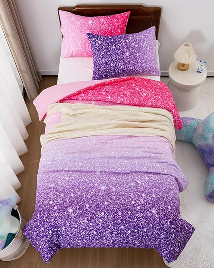Holawakaka Kids Space Star Glitter Comforter Set Ombre Pink Purple Print Ombre Bedding Set Twin/Twin XL Size Girls Gradient Galaxy Dorm Bed Sets (Pink Purple,Twin) - LeafyLoom