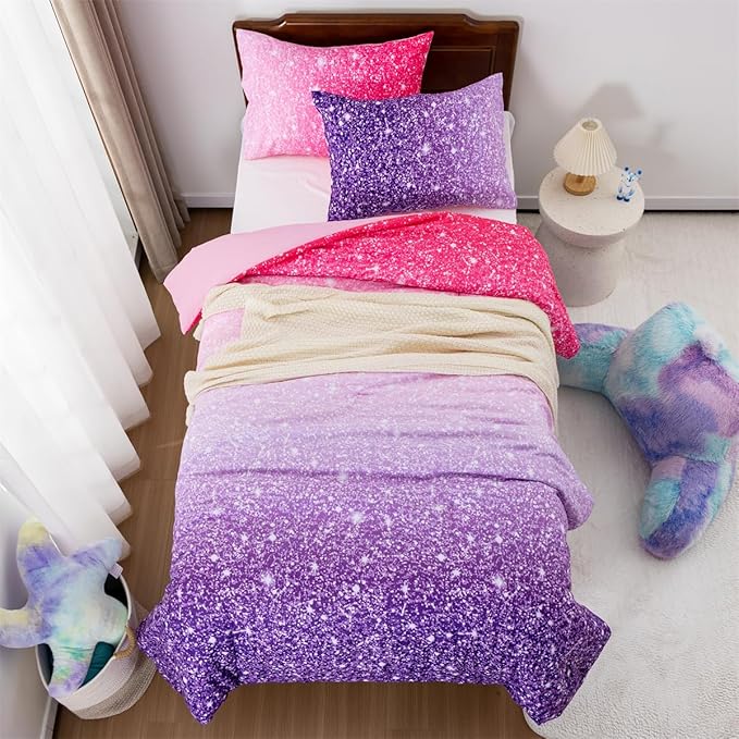 Holawakaka Kids Space Star Glitter Comforter Set Ombre Pink Purple Print Ombre Bedding Set Twin/Twin XL Size Girls Gradient Galaxy Dorm Bed Sets (Pink Purple,Twin) - LeafyLoom