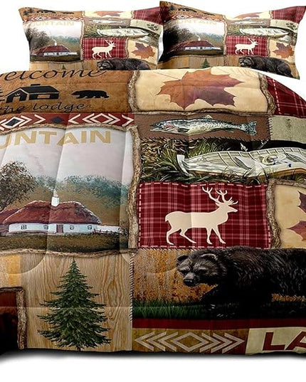 LUVIVIHOME 3PCS Cabin Comforter Set Queen Size, Bear Fish Deer Elk Moose Forest Animal Wildlife Hunting Fishing Red Buffalo Plaid Patchwork Quilt Country Lodge Rustic Farmhouse Bedding, 2 Pillow Shams - LeafyLoom