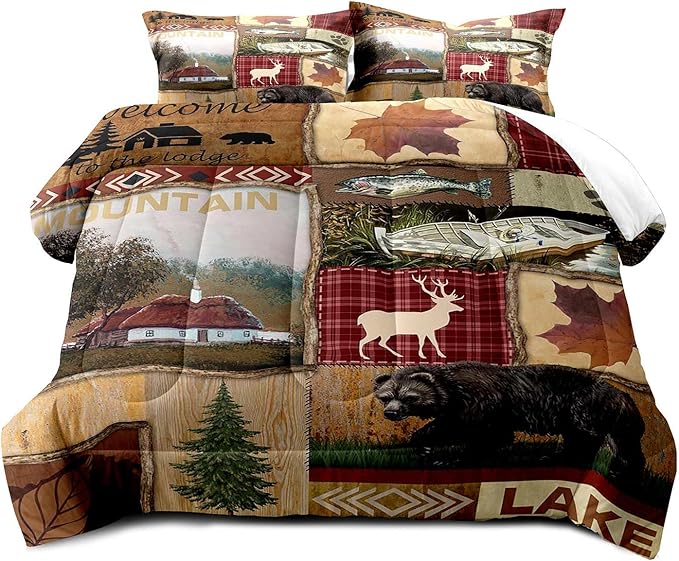LUVIVIHOME 3PCS Cabin Comforter Set Queen Size, Bear Fish Deer Elk Moose Forest Animal Wildlife Hunting Fishing Red Buffalo Plaid Patchwork Quilt Country Lodge Rustic Farmhouse Bedding, 2 Pillow Shams - LeafyLoom