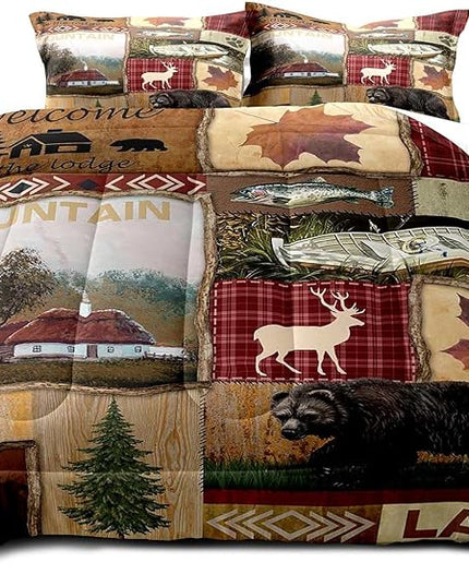 LUVIVIHOME 2PCS Cabin Comforter Set Twin Size, Bear Fish Deer Elk Moose Forest Animal Wildlife Hunting Fishing Red Buffalo Plaid Patchwork Quilt Country Lodge Rustic Farmhouse Bedding, 1 Pillow Sham - LeafyLoom